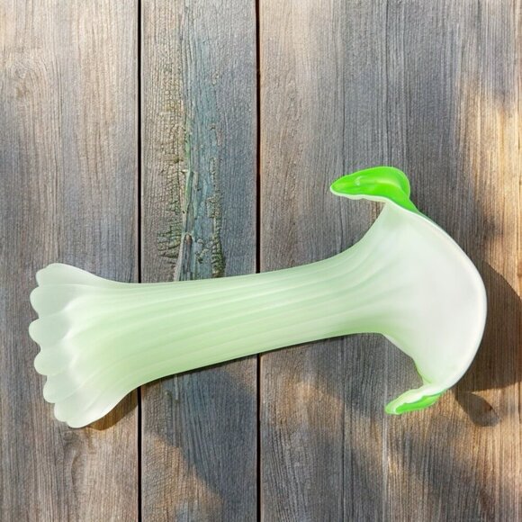 1970s Frosted Green Leaf Shaped Top Glass Vase Vessel Jack In The Pulpit Vintage - Picture 3 of 16